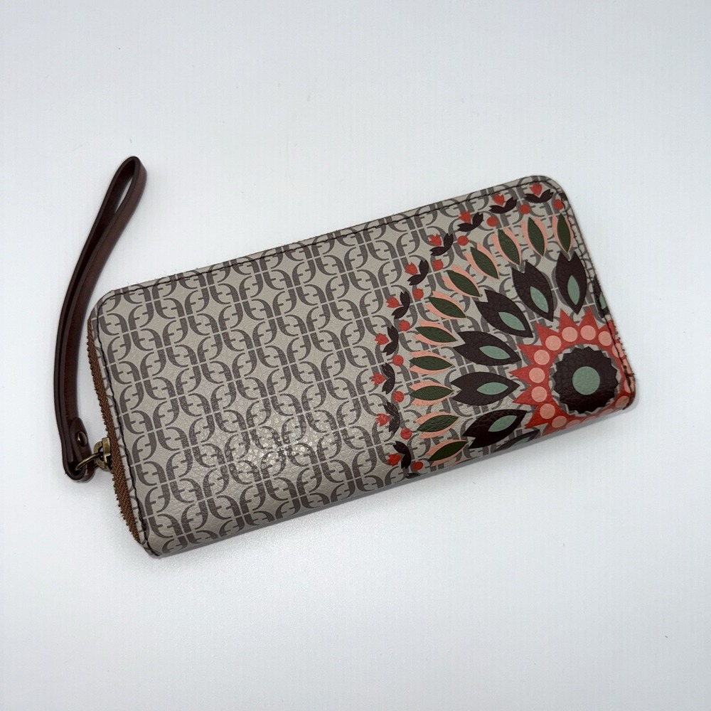 Fossil Jori Wristlet Wallet Beige Brown Flower
